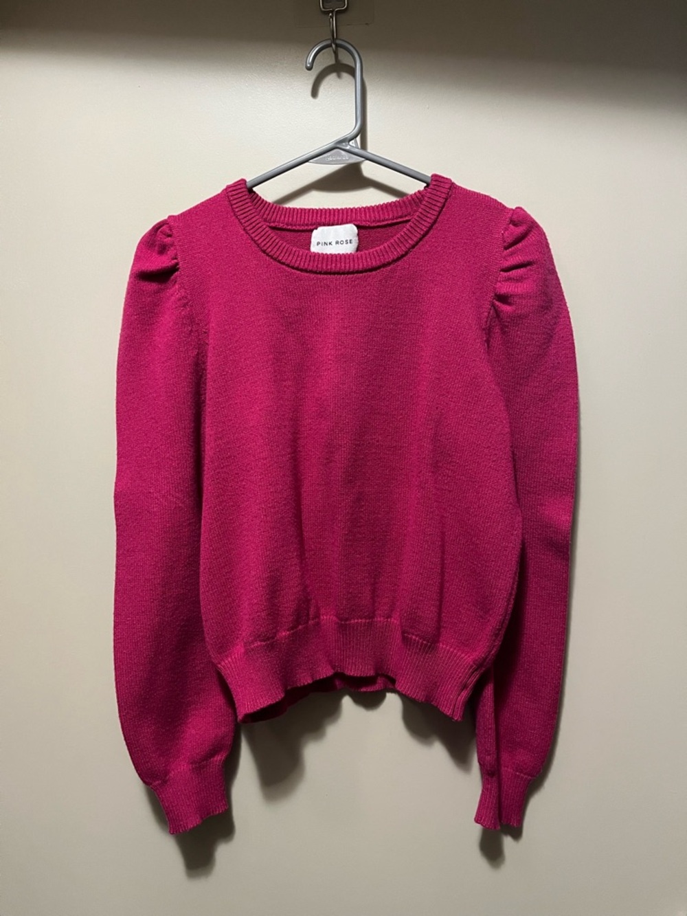 Pink Rose Fuchsia Puff-Sleeve Crewneck Sweater